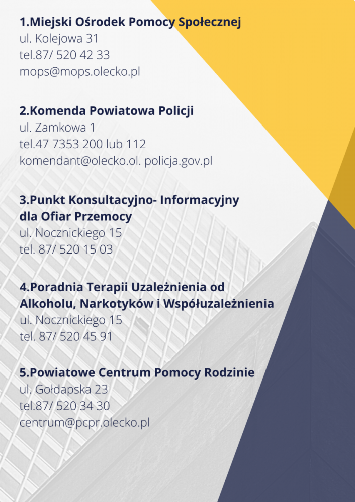 Plakat z instytucjami świadczącymi pomoc i wsparcie z zakresu przeciwdziałania przemocy w rodzinie i interwencji kryzysowej na terenie miasta Olecko