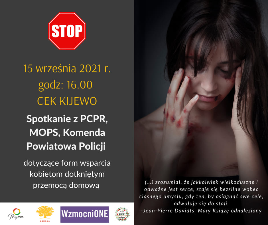 Plakat informujący o spotkaniu w ramach projektu „WzmocniONE” które odbędzie się w CEK Kijewo dotyczącego form wsparcia kobietom dotkniętym przemocą domową