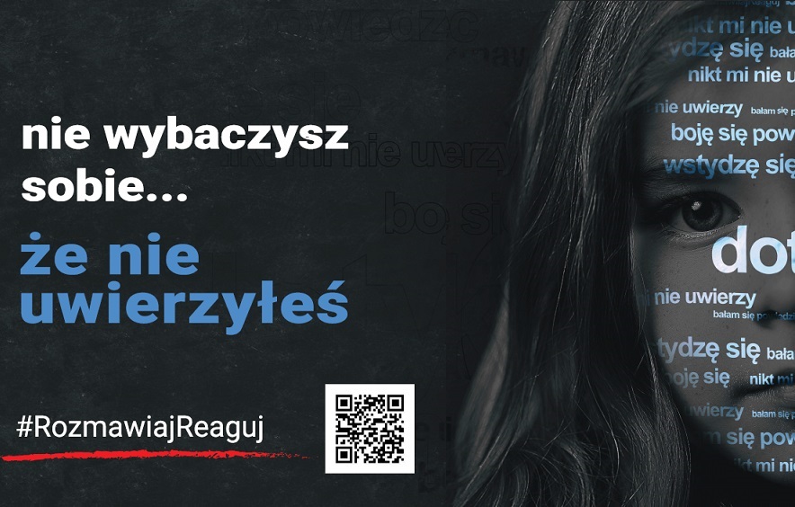 Plakat programu „#Rozmawiaj#Reaguj” .Na czarnym tel biały napis: nie wybaczysz sobie.. że nie uwierzyłeś z kodem QR kierującym na stronę   https://pkdp.gov.pl/nie-wybaczysz-sobie/
